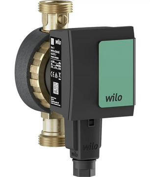 Die Wilo Star-Z Nova C Trinkwarmwasser-Zirkulationspumpe – schwarz von Wilo verfügt über ein schwarzes Gehäuse mit Messingarmaturen, abgebildet auf weißem Hintergrund – eine energiesparende Pumpe für eine effiziente Warmwasserzirkulation.