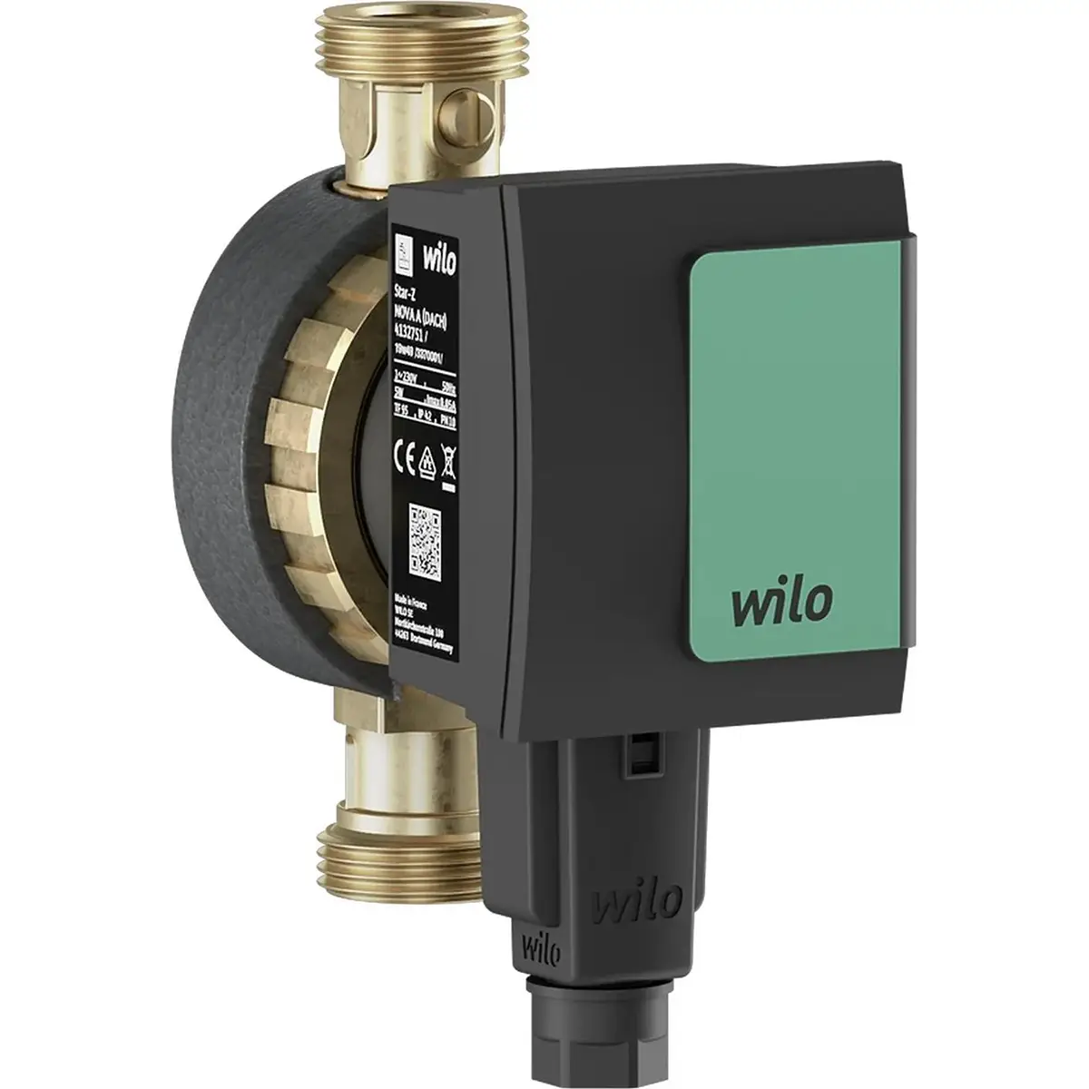 Die Wilo Star-Z Nova C Trinkwarmwasser-Zirkulationspumpe – schwarz von Wilo verfügt über ein schwarzes Gehäuse mit Messingarmaturen, abgebildet auf weißem Hintergrund – eine energiesparende Pumpe für eine effiziente Warmwasserzirkulation.
