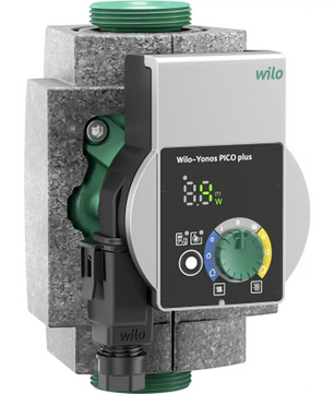 Effiziente Wilo Yonos PICO plus 25/1-4 Hocheffizienzpumpe in Grau mit Bedienfeld und isoliertem Gehäuse für optimale Leistung.