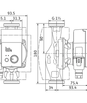 Technische Zeichnung der Wilo Yonos PICO plus 25/1-4 Hocheffizienzpumpe in Grau von Wilo, mit detaillierten Maßen und beschrifteten Anschlusspunkten, dargestellt aus zwei Blickwinkeln.