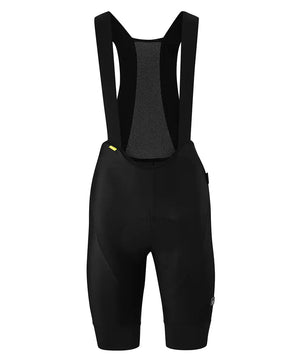 Die Gonso SQlab Go BIB Shorts Frauen Fahrradhose in Größe 40, schwarz, mit Schulterriemen und atmungsaktivem Material, Vorderansicht, dargestellt auf einem schlichten weißen Hintergrund.