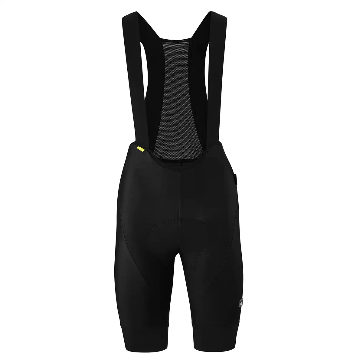 Die Gonso SQlab Go BIB Shorts Frauen Fahrradhose in Größe 40, schwarz, mit Schulterriemen und atmungsaktivem Material, Vorderansicht, dargestellt auf einem schlichten weißen Hintergrund.