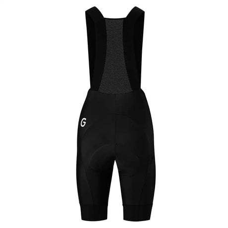 Die Gonso SQlab Go BIB Shorts Frauen Fahrradhose in Größe 40 und Schwarz mit atmungsaktivem Material und Schulterträgern, von hinten vor weißem Hintergrund gezeigt.