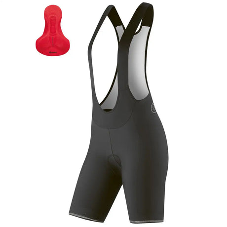 Gonso Sitivo BIB 0 Frauen Fahrradhose, Größe 42 in Schwarz, mit Trägern und rotem Sitzpolster, separat abgebildet.