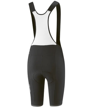 Die Gonso Sitivo BIB 0 Frauen Fahrradhose in Größe 42 und schwarz, mit weißen Mesh-Trägern und LYCRA® SPORT-Gewebe für mehr Komfort, wird von hinten auf einem schlichten weißen Hintergrund gezeigt.