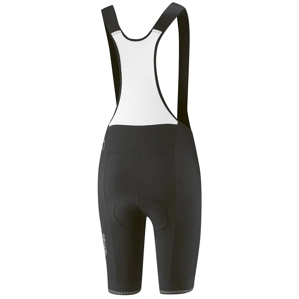 Die Gonso Sitivo BIB 0 Frauen Fahrradhose in Größe 42 und schwarz, mit weißen Mesh-Trägern und LYCRA® SPORT-Gewebe für mehr Komfort, wird von hinten auf einem schlichten weißen Hintergrund gezeigt.