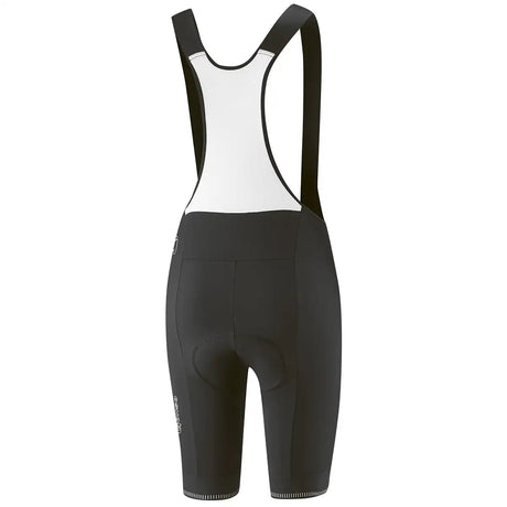 Die Gonso Sitivo BIB 0 Frauen Fahrradhose in Größe 42 und schwarz, mit weißen Mesh-Trägern und LYCRA® SPORT-Gewebe für mehr Komfort, wird von hinten auf einem schlichten weißen Hintergrund gezeigt.