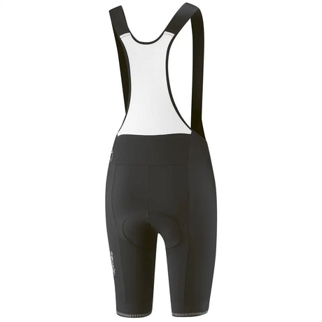 Die Gonso Sitivo BIB 0 Frauen Fahrradhose in schwarz, Größe 40, hat Hosenträger und ein SITIVO COMFORT Sitzpolster, von hinten auf weißem Grund.