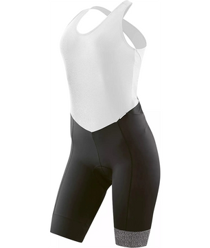 Die Gonso Freina Damen Radhose in Größe 42 kombiniert ein ärmelloses weißes Oberteil mit einer schwarzen, gepolsterten Shorts und bietet Frauen Komfort und Stil beim Radfahren.