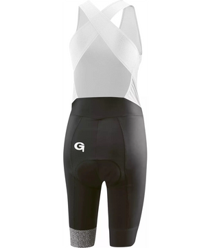 Schwarz-weiße Gonso Freina Damen Radhose Größe 42 von Gonso mit überkreuzten Trägern und einem bequemen Sitzpolster Damen auf weißem Grund.