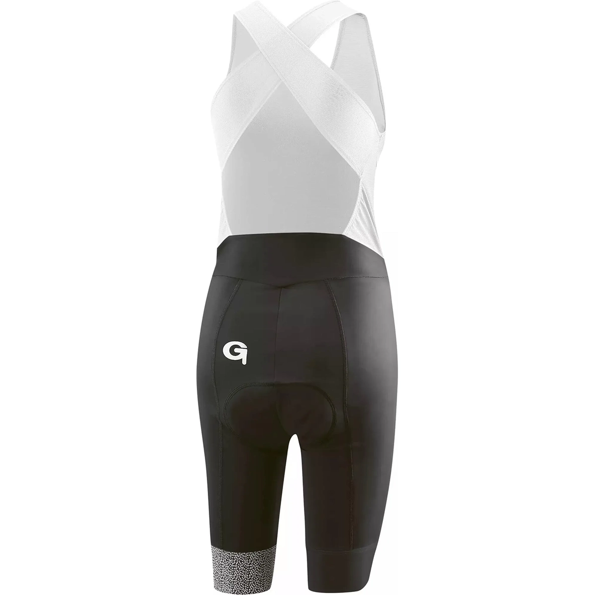 Schwarz-weiße Gonso Freina Damen Radhose Größe 42 von Gonso mit überkreuzten Trägern und einem bequemen Sitzpolster Damen auf weißem Grund.