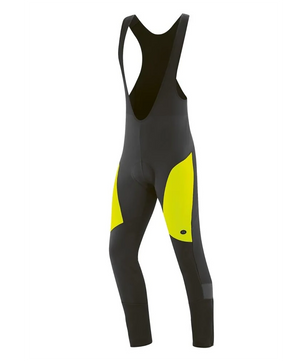 Die Gonso Montana Bib 2 Thermo Herren Fahrradhose in Größe S, schwarz, von Gonso zeigt sich im winddichten wasserabweisenden Softshell-Style mit leuchtend gelben Oberschenkeleinsätzen, dargestellt auf einem schlichten weißen Hintergrund.