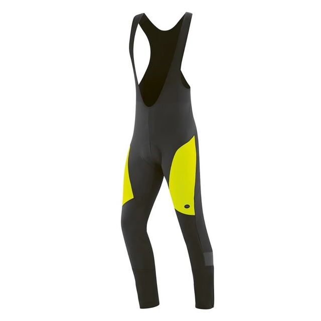 Die Gonso Montana Bib 2 Thermo Herren Fahrradhose in Größe S, schwarz, von Gonso zeigt sich im winddichten wasserabweisenden Softshell-Style mit leuchtend gelben Oberschenkeleinsätzen, dargestellt auf einem schlichten weißen Hintergrund.