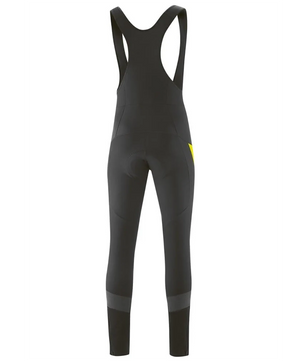 Die Gonso Montana Bib 2 Thermo Herren Fahrradhose in schwarz, Größe S, verfügt über Schulterriemen und einen gelben Akzent auf der rechten Seite. Inspiriert von der originalen Montana Bibshort, ist diese Softshell Radhose winddicht und wasserabweisend.