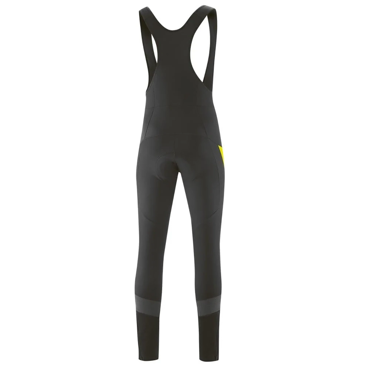 Die Gonso Montana Bib 2 Thermo Herren Fahrradhose in schwarz, Größe S, verfügt über Schulterriemen und einen gelben Akzent auf der rechten Seite. Inspiriert von der originalen Montana Bibshort, ist diese Softshell Radhose winddicht und wasserabweisend.