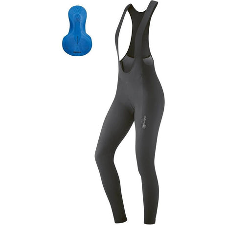 Die Gonso Sitivo TI BIB Frauen Fahrradhose in Größe 40, schwarz, verfügt über Schulterträger und ein blaues SITIVO Sitzpolster-perfekt als Thermo-Trägerhose Damen Radhose Winter für kaltes Wetter Radfahren.