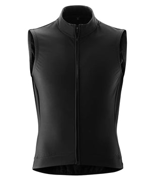 Die Gonso Road Vest Therm Herren Fahrradweste in schwarz (Größe L) ist eine ärmellose Herren Fahrradweste mit hohem Kragen, hergestellt aus Funktionsmaterial und wasserabweisend verarbeitet, abgebildet auf einem schlichten weißen Hintergrund.