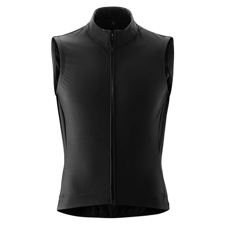 Die Gonso Road Vest Therm Herren Fahrradweste in schwarz (Größe L) ist eine ärmellose Herren Fahrradweste mit hohem Kragen, hergestellt aus Funktionsmaterial und wasserabweisend verarbeitet, abgebildet auf einem schlichten weißen Hintergrund.