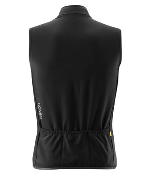 Rückansicht der Gonso Road Vest Therm Herren Fahrradweste in Größe L, schwarz. Sie ist ideal zum Radfahren, hat zwei Rückentaschen, ein kleines weißes Gonso-Logo an der Seite und ist aus hochwertigem Funktionsmaterial gefertigt.