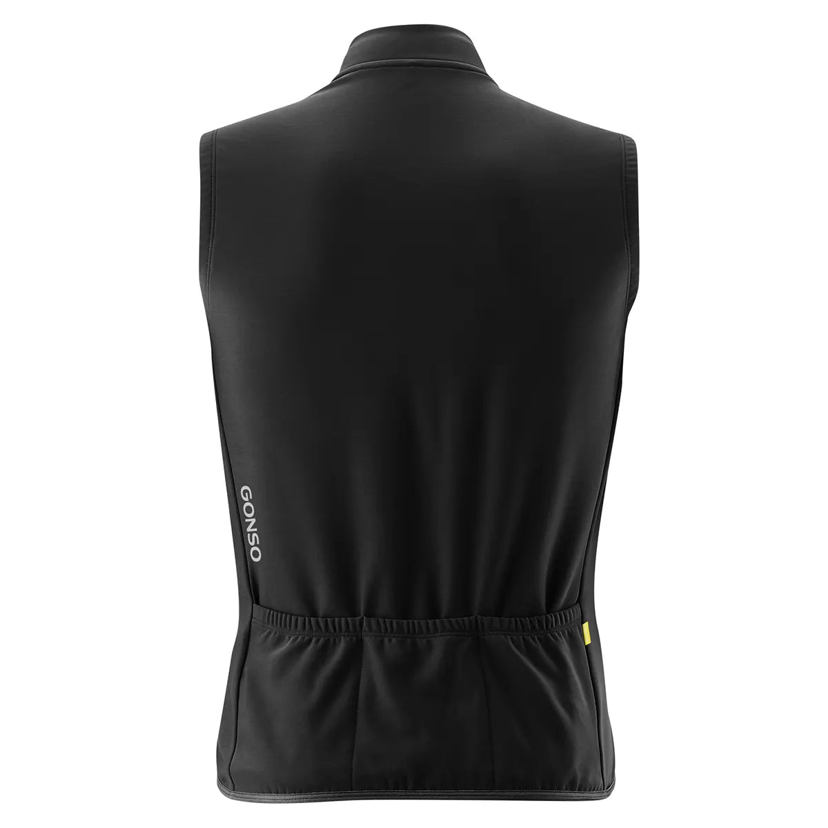 Rückansicht der Gonso Road Vest Therm Herren Fahrradweste in Größe L, schwarz. Sie ist ideal zum Radfahren, hat zwei Rückentaschen, ein kleines weißes Gonso-Logo an der Seite und ist aus hochwertigem Funktionsmaterial gefertigt.