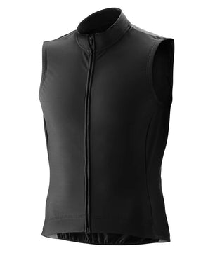 Die Gonso Road Vest Therm Herren Fahrradweste in Größe L, schwarz, verfügt über einen hohen Kragen und einen Frontreißverschluss, hergestellt aus wasserabweisendem Funktionsmaterial für den Radsport. Abgebildet auf einfarbig weißem Hintergrund.