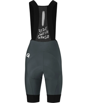 Rückansicht der Gonso SQlab GO BIB Damen Fahrradhose in Größe 36, schwarz, mit SQlab Sitzpolster und "RIDE WITH GONSO" auf dem oberen Rücken - idealer Komfort und Halt für Radsportfans.