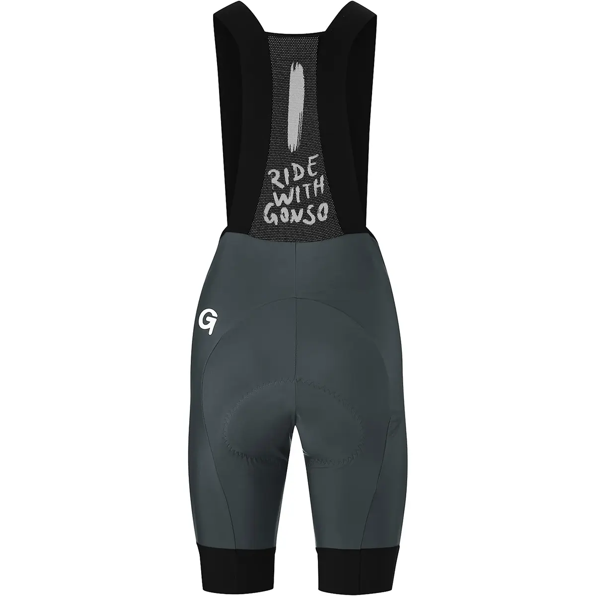 Rückansicht der Gonso SQlab GO BIB Damen Fahrradhose in Größe 36, schwarz, mit SQlab Sitzpolster und "RIDE WITH GONSO" auf dem oberen Rücken - idealer Komfort und Halt für Radsportfans.