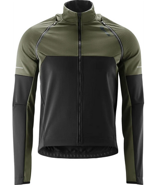 Die Gonso Canosio Fahrradjacke (Größe M) zeichnet sich durch olivgrüne Ärmel und einen oberen Brustbereich mit schwarzem Vorder- und Unterteil auf weißem Grund aus.