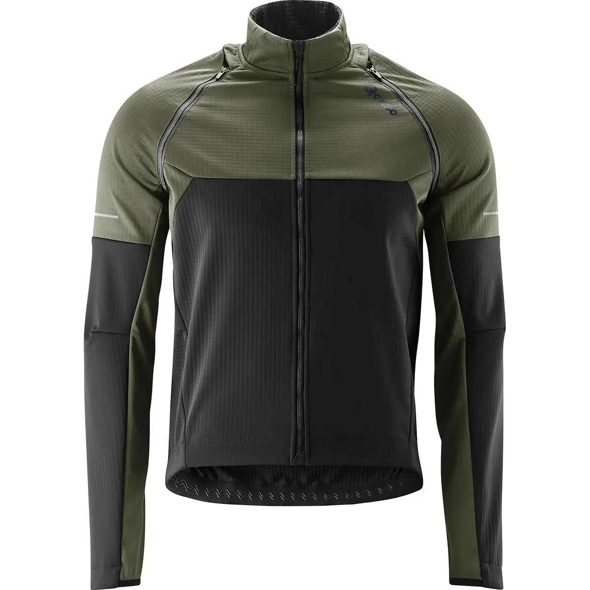 Die Gonso Canosio Fahrradjacke (Größe M) zeichnet sich durch olivgrüne Ärmel und einen oberen Brustbereich mit schwarzem Vorder- und Unterteil auf weißem Grund aus.