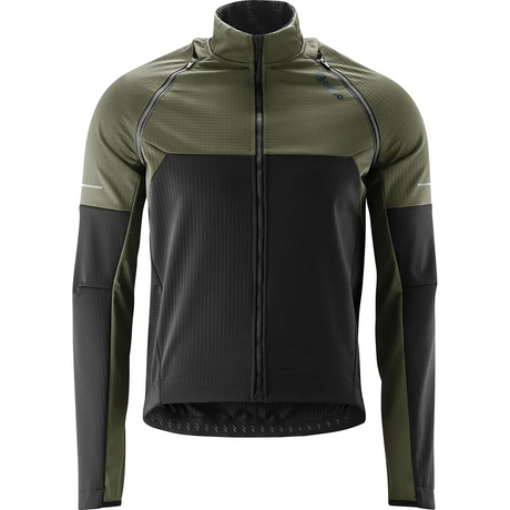 Die Gonso Canosio Fahrradjacke (Größe M) zeichnet sich durch olivgrüne Ärmel und einen oberen Brustbereich mit schwarzem Vorder- und Unterteil auf weißem Grund aus.