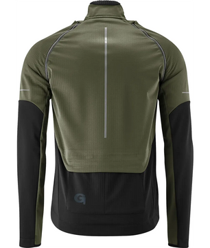 Die GONSO Canosio Fahrradjacke in Größe M, von Gonso, ist eine schwarze Softshell-Herrenjacke mit abzippbaren Ärmeln und reflektierenden vertikalen und horizontalen Streifen, von hinten gesehen.