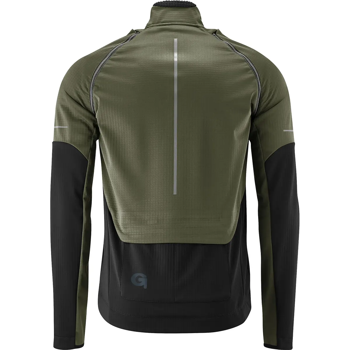 Die GONSO Canosio Fahrradjacke in Größe M, von Gonso, ist eine schwarze Softshell-Herrenjacke mit abzippbaren Ärmeln und reflektierenden vertikalen und horizontalen Streifen, von hinten gesehen.