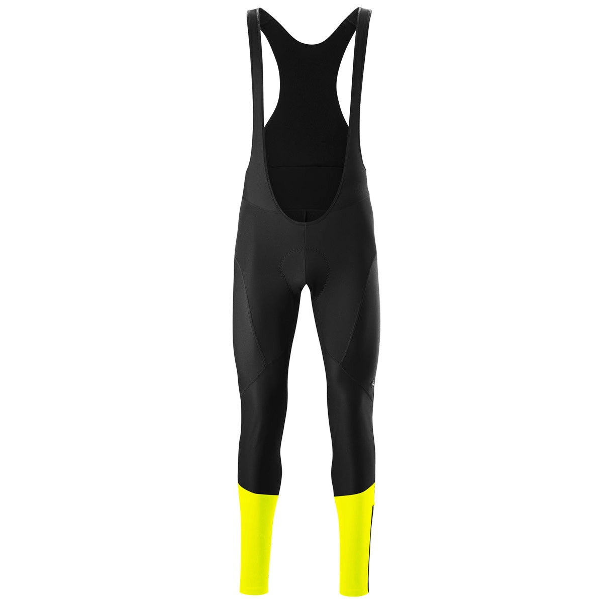 Die Gonso Essential Bib Herren Fahrradhose in Größe 3XL, schwarz, ist eine Top-Winterwahl für Männer. Diese Softshell Radträgerhose der Marke Gonso ist schwarz mit leuchtend gelben Unterschenkeln und auf weißem Hintergrund abgebildet.