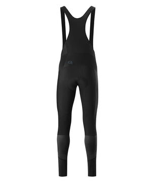 Die Gonso Essential Bib Tight M Fahrradhose in Größe M, schwarz, ist von hinten vor weißem Hintergrund abgebildet. Die Gonso Essential Bib Tight M Fahrradhose ist mit Schulterträgern und einem DRY UP AIR Sitzpolster ausgestattet.