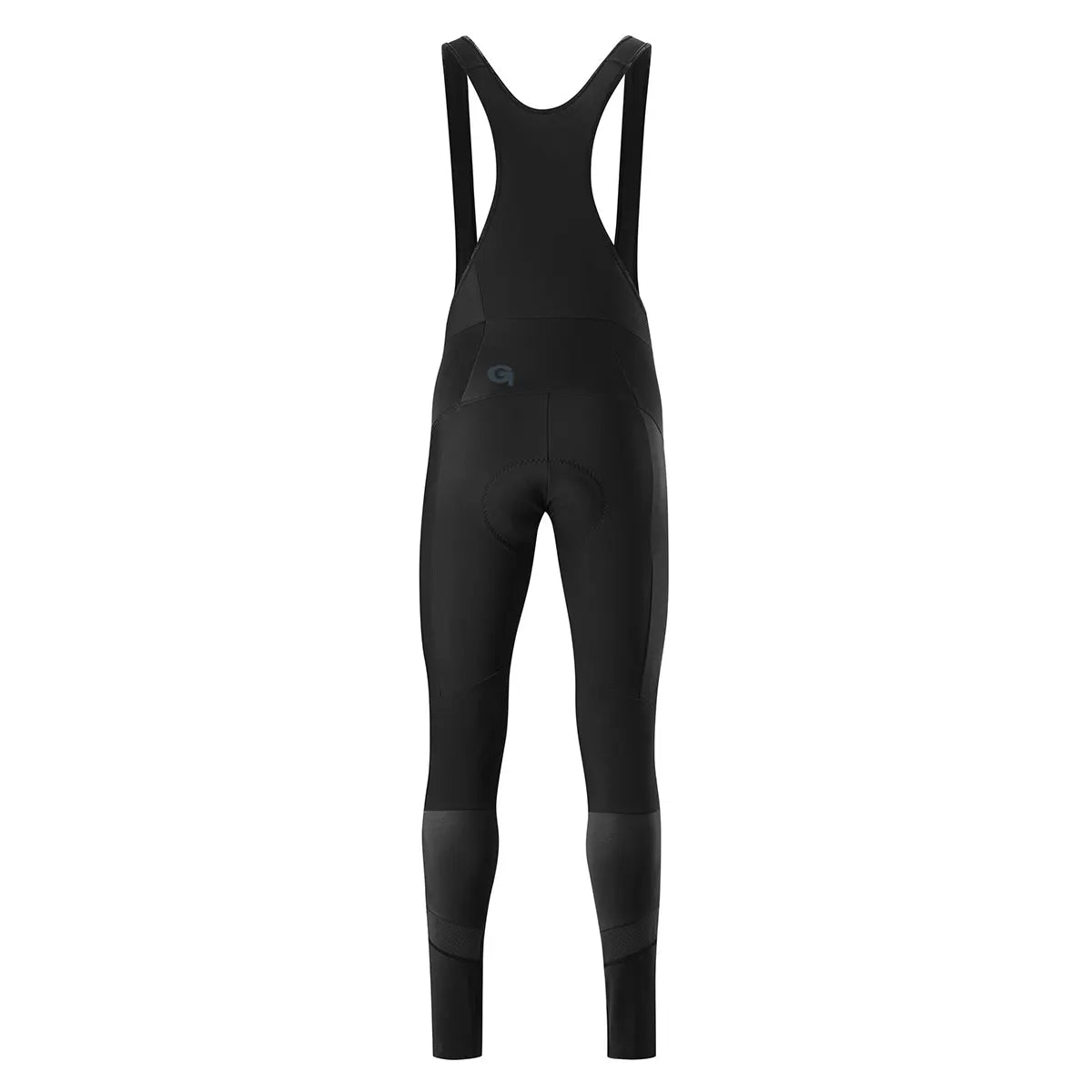 Die Gonso Essential Bib Tight M Fahrradhose in Größe M, schwarz, ist von hinten vor weißem Hintergrund abgebildet. Die Gonso Essential Bib Tight M Fahrradhose ist mit Schulterträgern und einem DRY UP AIR Sitzpolster ausgestattet.
