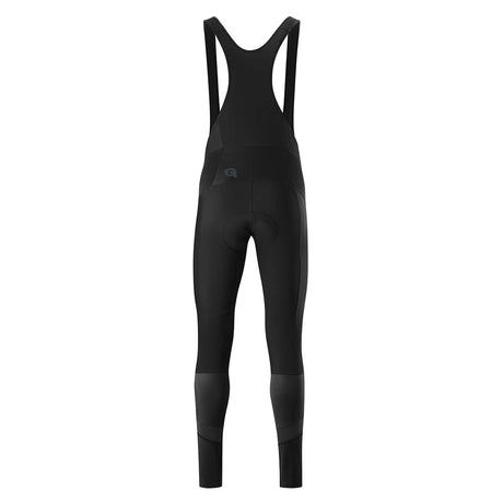 Die Gonso Essential Bib Tight M Fahrradhose in Größe M, schwarz, ist von hinten vor weißem Hintergrund abgebildet. Die Gonso Essential Bib Tight M Fahrradhose ist mit Schulterträgern und einem DRY UP AIR Sitzpolster ausgestattet.