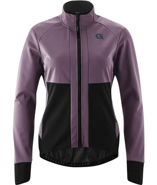 Die Gonso Sassone Fahrradjacke in Größe 38, lila, ist eine lila-schwarze langärmelige Softshelljacke mit Frontreißverschluss und hohem Kragen, ideal als Outdoor-Fahrradjacke. Abgebildet auf einem weißen Hintergrund.