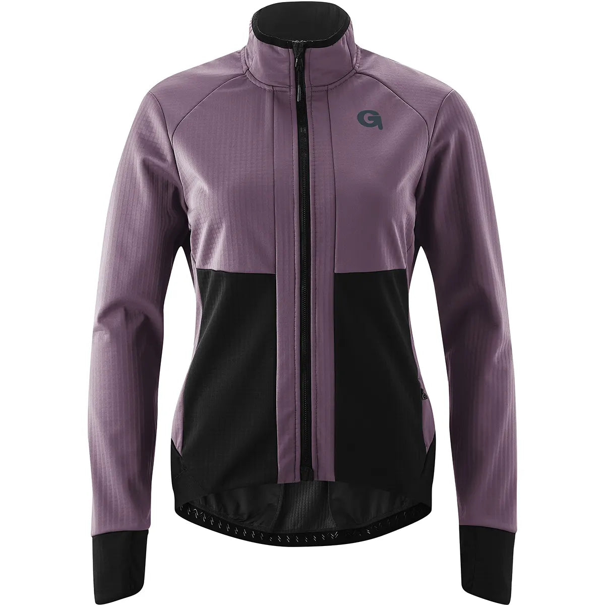 Die Gonso Sassone Fahrradjacke in Größe 38, lila, ist eine lila-schwarze langärmelige Softshelljacke mit Frontreißverschluss und hohem Kragen, ideal als Outdoor-Fahrradjacke. Abgebildet auf einem weißen Hintergrund.