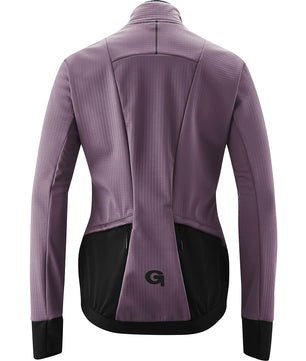 Rückenansicht der Gonso Sassone Fahrradjacke in Größe 38, lila, mit langen Ärmeln, schwarzem Unterteil und kleinem Logo am Saum.