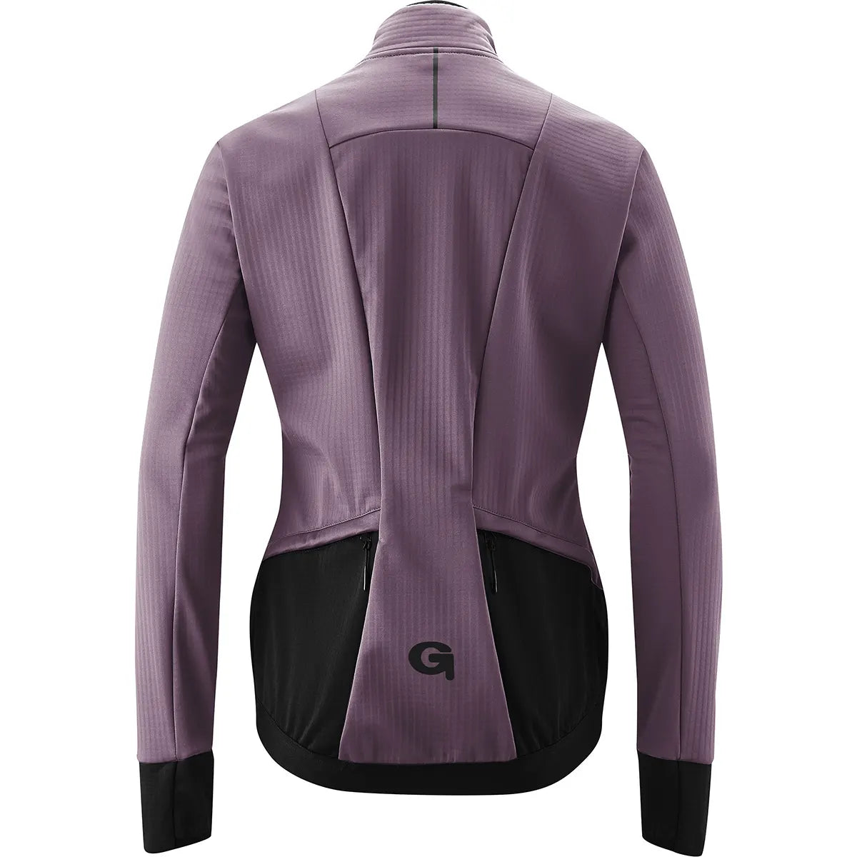 Rückenansicht der Gonso Sassone Fahrradjacke in Größe 38, lila, mit langen Ärmeln, schwarzem Unterteil und kleinem Logo am Saum.