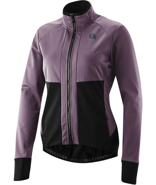 Die Gonso Sassone Fahrradjacke in Größe 38, hier in lila und schwarz mit langen Ärmeln und einem Frontreißverschluss, ist perfekt als Outdoor-Fahrradjacke für Damen geeignet. Marke: Gonso. Abgebildet auf einem weißen Hintergrund.