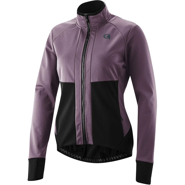 Die Gonso Sassone Fahrradjacke in Größe 38, hier in lila und schwarz mit langen Ärmeln und einem Frontreißverschluss, ist perfekt als Outdoor-Fahrradjacke für Damen geeignet. Marke: Gonso. Abgebildet auf einem weißen Hintergrund.