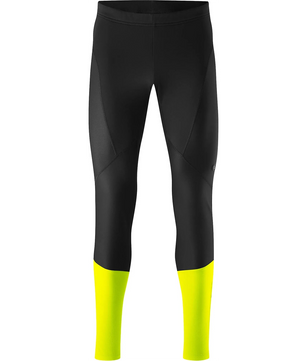 Gonso Essential Tight Radhose in Größe L - schwarz, inspiriert vom sportlichen Design mit gelben Farbakzenten am Unterschenkel, ideal als winddichte Fahrradhose für Top-Performance. Produkt von Gonso auf weißem Hintergrund.