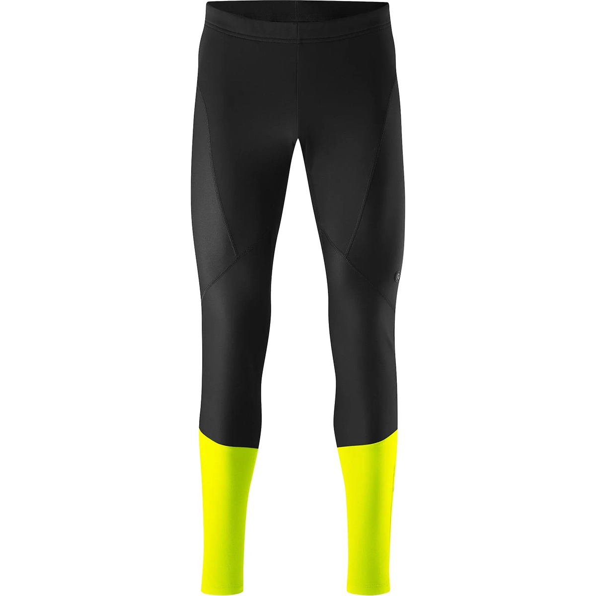 Gonso Essential Tight Radhose in Größe L - schwarz, inspiriert vom sportlichen Design mit gelben Farbakzenten am Unterschenkel, ideal als winddichte Fahrradhose für Top-Performance. Produkt von Gonso auf weißem Hintergrund.