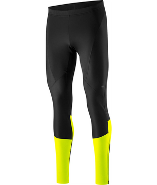 Die Gonso Essential Tight Radhose in Größe L, schwarz mit leuchtend gelben Unterschenkeleinsätzen, bietet vielseitigen Radfahrkomfort als winddichte Fahrradhose. Abgebildet auf weißem Hintergrund.