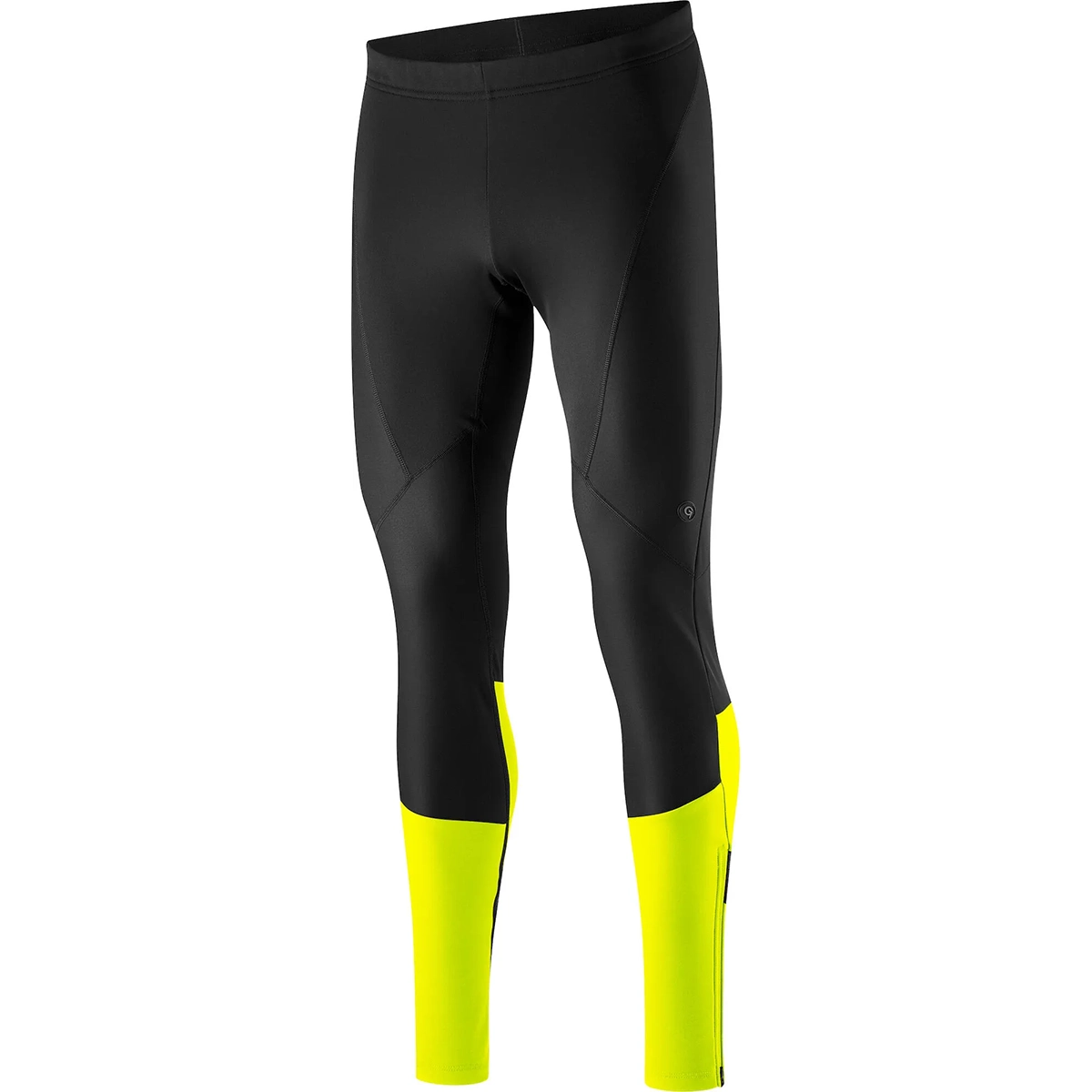 Die Gonso Essential Tight Radhose in Größe L, schwarz mit leuchtend gelben Unterschenkeleinsätzen, bietet vielseitigen Radfahrkomfort als winddichte Fahrradhose. Abgebildet auf weißem Hintergrund.