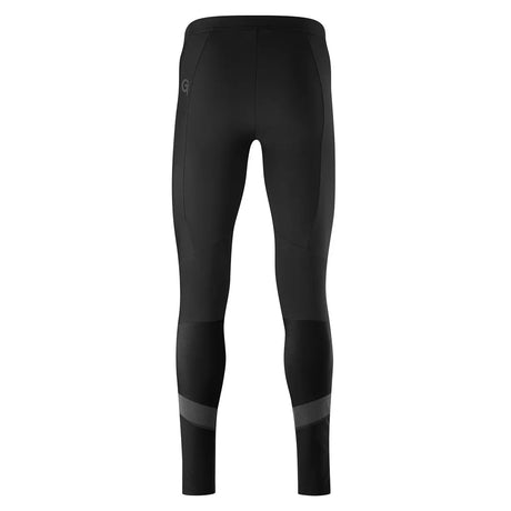 Rückenansicht der Gonso Essential Tight Radhose in Größe M, schwarz-eine schwarze Radtight von Gonso mit dezenten Nahtverläufen, die vielseitigen winddichten Komfort für Ihre Fahrten bietet.
