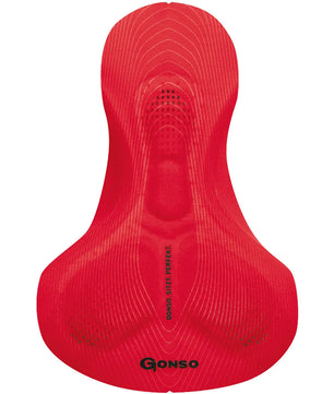 Das rote anatomische Fahrradsitzpolster mit strukturierter Oberfläche und "Gonso"-Aufdruck bietet optimalen Komfort für die Gonso Sitivo Radhose Größe 40 - schwarz oder jede Radhose mit Sitzpolster.