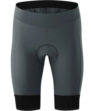 Die Gonso Sitivo Radhose in Größe 38 (grau) hat einen gepolsterten Sitz und schwarze Beinabschlüsse für mehr Komfort und ist auf weißem Hintergrund abgebildet.