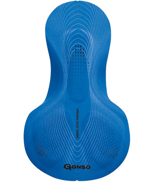 Das blaue, ergonomische Sitzpolster mit strukturierten Linien verleiht Ihrer Gonso Sitivo Radhose Größe 38 - grau oder jeder Radhose Komfort zusätzlichen Komfort; mit dem Gonso-Markennamen in der unteren Mitte.